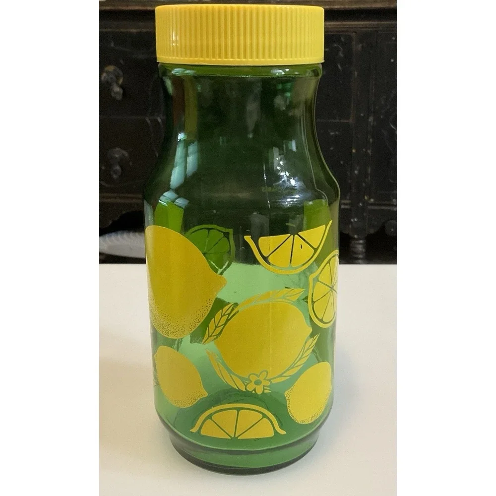 Vintage Anchor Hocking Green Lemonade Jar Green Glass Carafe Yellow Lid 1980s